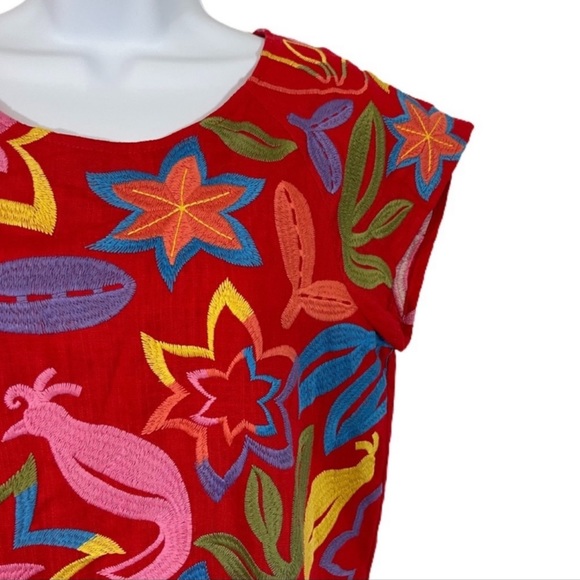Andree Embroidered Floral Linen Blend Shift Dress M Red - Picture 3 of 11